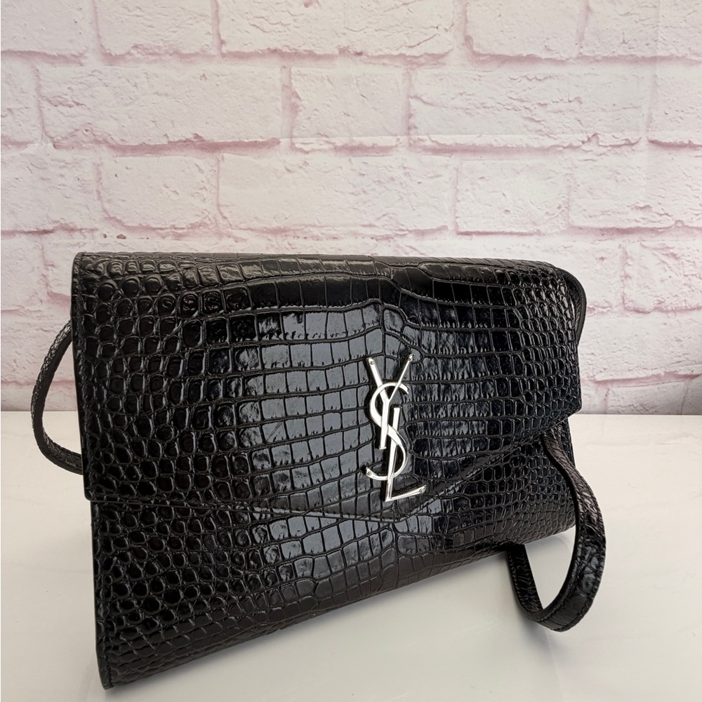 Saint Laurent Cassandra Black Croc-Embossed Envelope Wallet Crossbody Bag - Picture 2 of 15